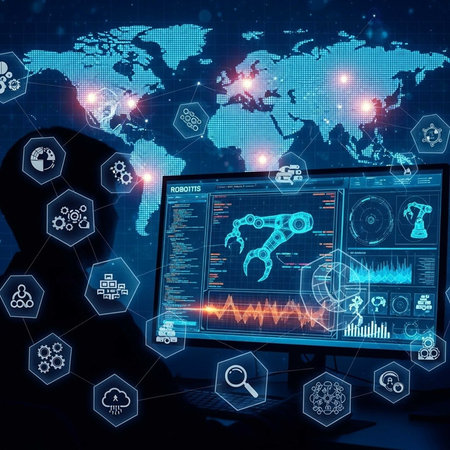 High-tech screen showing robotic arm with global map