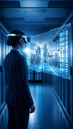 Businessman in suit using VR headset in server room