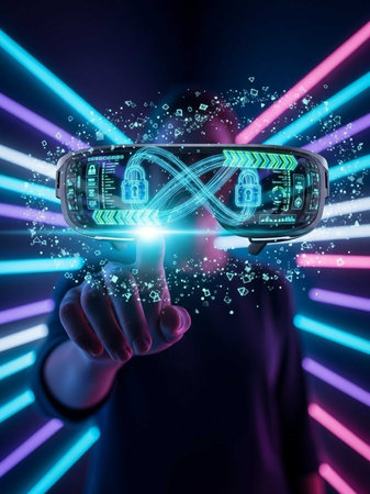 Hand holding VR headset displaying digital security icons and neon lightsの写真素材