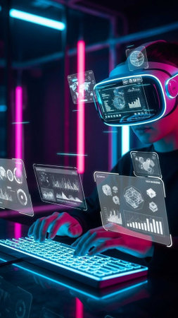 Person in VR headset using keyboard with holographic screens