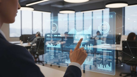 Man in suit pointing at holographic charts in officeの写真素材