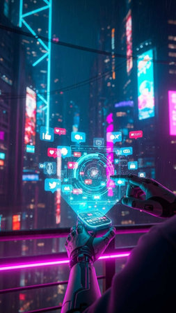 Holographic camera interface in a neon-lit cityの写真素材