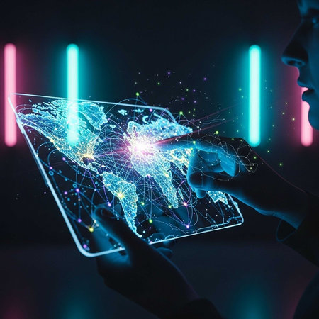 Hands manipulating a holographic world map on a tablet