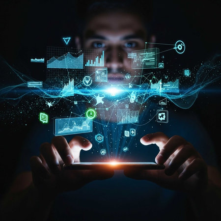 Person using smartphone with holographic data visualizationsの写真素材