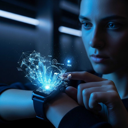 Close-up of person using futuristic smartwatch with holographic interfaceの写真素材