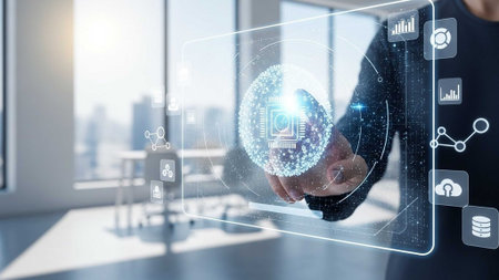 Person using holographic screen with graphs, charts, and icons