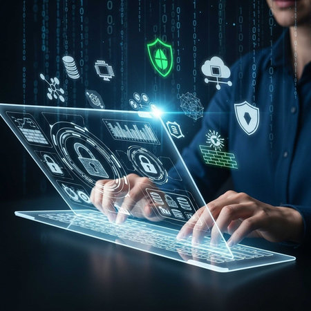 Hands typing on laptop with digital security icons