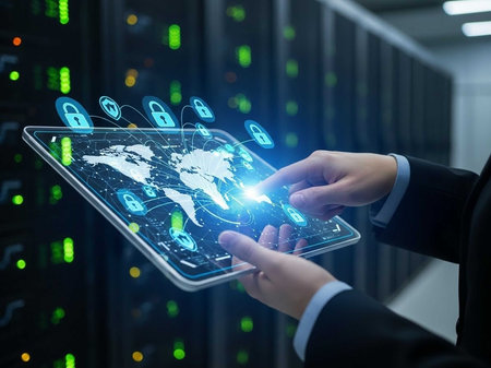 Hands using tablet with glowing world map