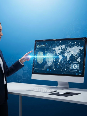 Man in suit pointing at computer screen with biometric dataの写真素材