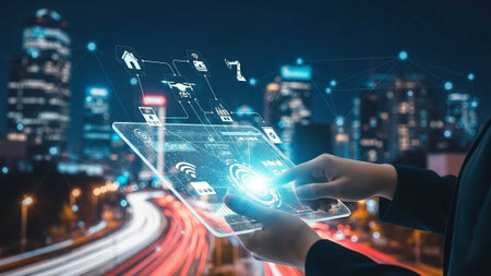 Hands using holographic touchscreen with city lights