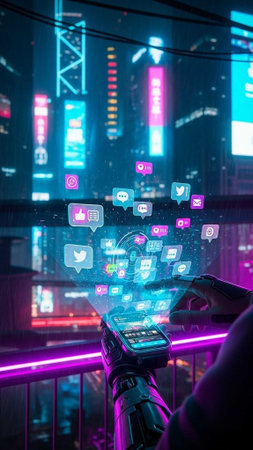 Holographic social media icons over smartphone in futuristic cityの写真素材