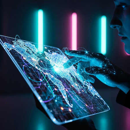 Person using robotic hand on glowing tabletの写真素材