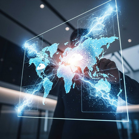 Person touching a glowing holographic world mapの写真素材