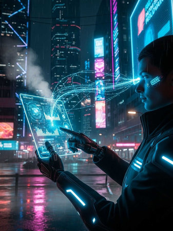 Person in neon city using holographic tablet with glowing lines