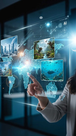 Hand touching holographic map with imagesの写真素材