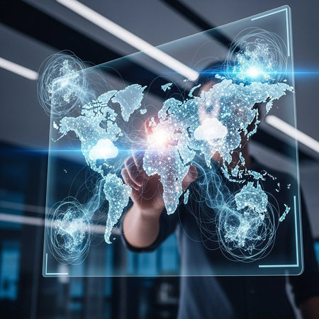 Hand touching a glowing 3D world map