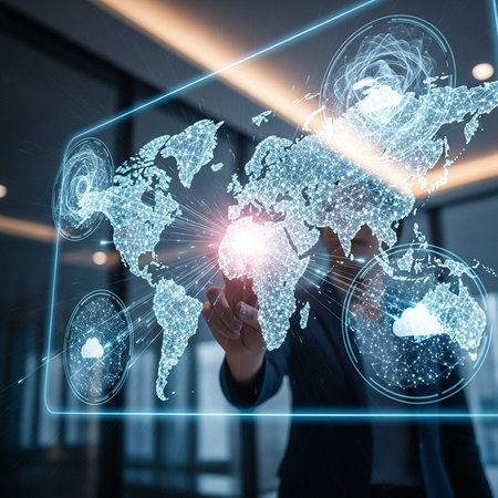 Businessman touching holographic world map with digital connectionsの写真素材