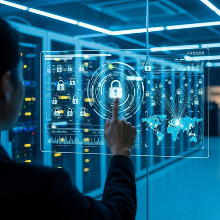 Man touching holographic screen with security icons