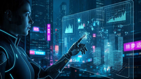 Woman with robotic arm using holographic interface in neon-lit city