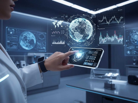 Person in lab coat using tablet with holographic data