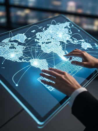 Hands using tablet displaying global network mapの写真素材