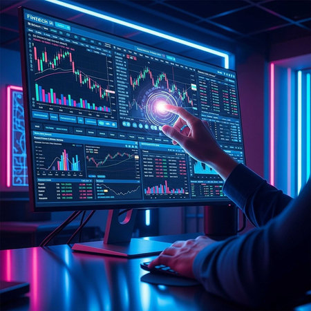 Hand interacting with financial charts on a large screen