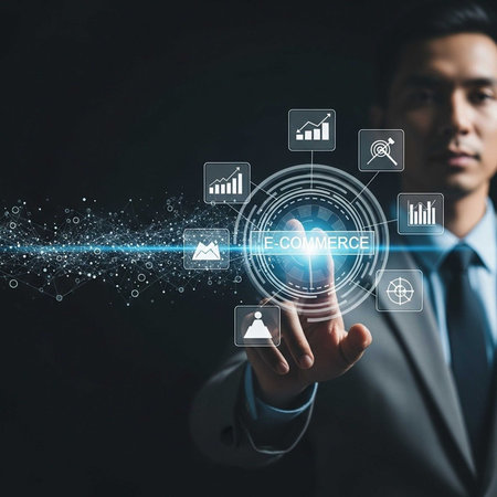 Man in suit touching virtual e-commerce screen with iconsの写真素材