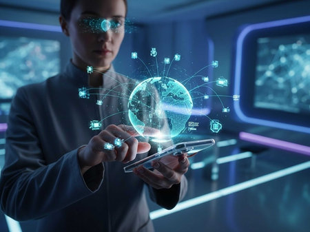 Individual using tablet with holographic globe interface