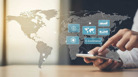 Hand interacting with smartphone displaying e-commerce and world map