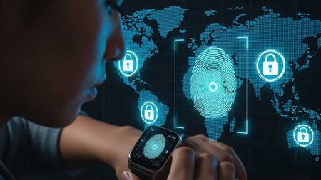 Close-up of person interacting with smartwatch, digital map, and security icons