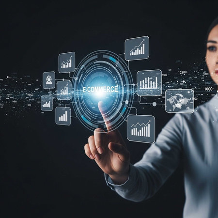 Businesswoman touching digital e-commerce hologram with charts