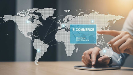 Hand using smartphone with e-commerce interface, world map background