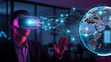 Person in VR headset reaching towards glowing globe