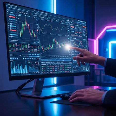 Person analyzing financial charts on dual screens