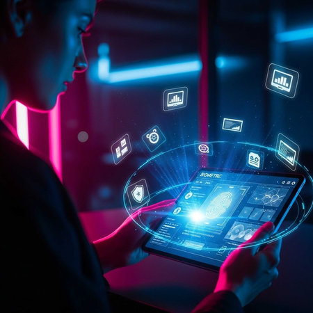 Person interacting with holographic biometric security on a laptop
