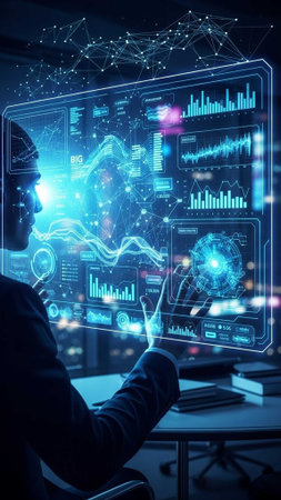 Man using holographic interface with graphs, charts, and data