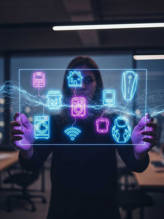 Person with gloves manipulating holographic smart home iconsの写真素材