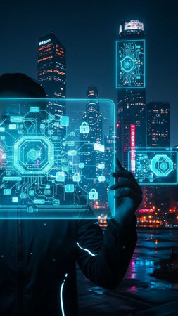 Person interacting with holographic digital interface in urban setting