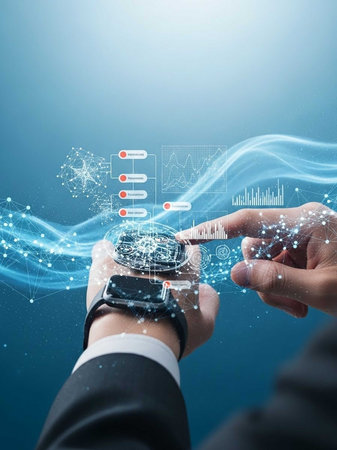 Hands manipulating a smartwatch with holographic data