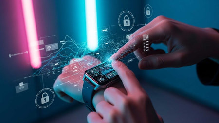 Hands using smartwatch with digital interface, security icons