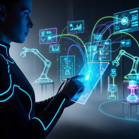 Person in blue suit using tablet with holographic tech
