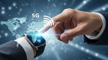 Business hand interacting with smartwatch displaying 5G hologram