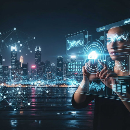 Person interacting with holographic screens in a futuristic city