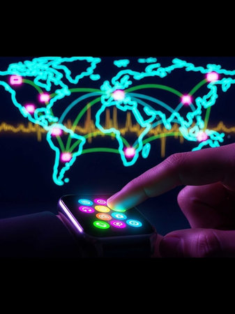 Hand interacting with smartphone, glowing world map