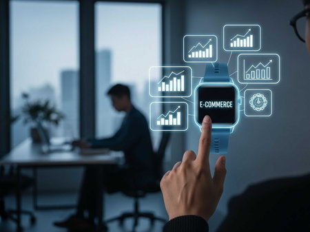 Hand selecting e-commerce on smartwatch with graphsの写真素材