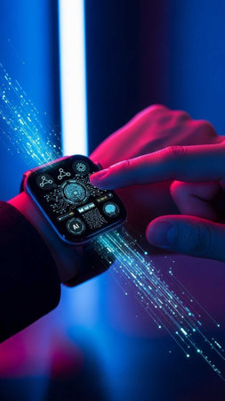 Person adjusting smartwatch with glowing blue interfaceの写真素材
