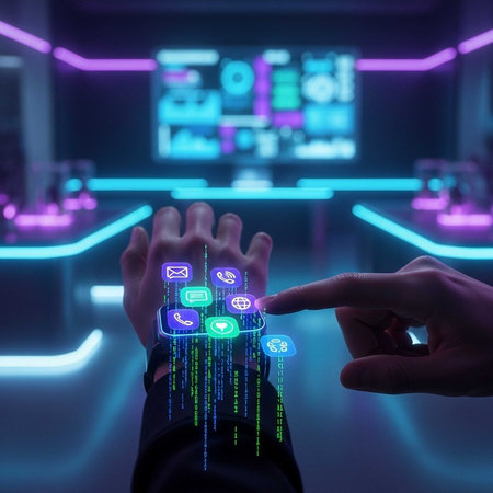 Hands interacting with glowing holographic icons in a neon-lit digital environmentの写真素材