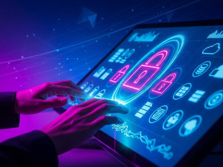 Hands using a tablet with digital security icons and graphs