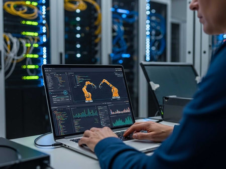 Person using laptop with robotic arm simulation in server roomの写真素材