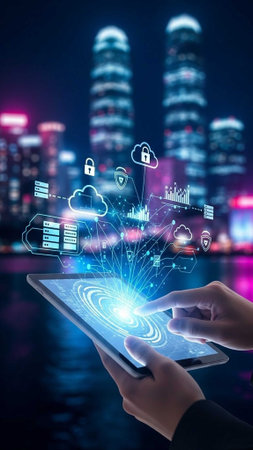 Hands holding tablet with holographic icons over modern city skyline